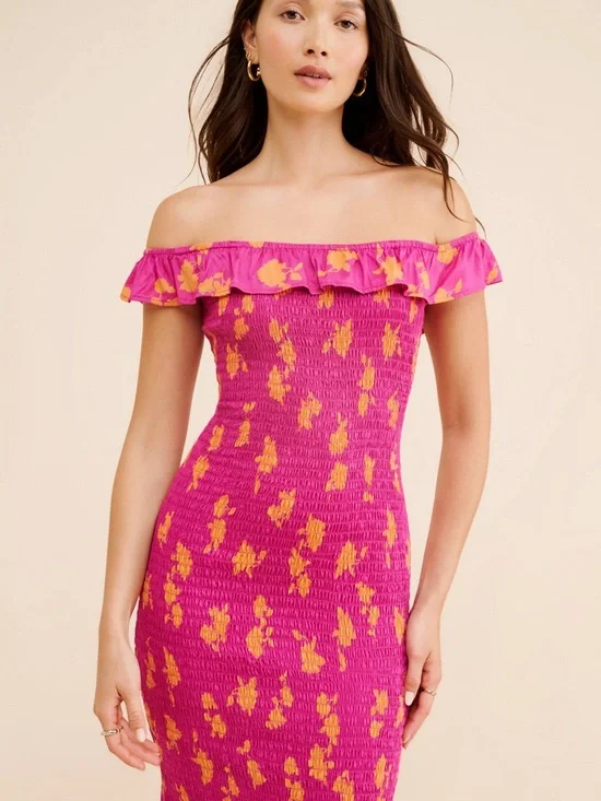 By Anthropologie Floral Pink Off-Shoulder Midi Dress Summer Wedding XXS - Picture 4 of 11